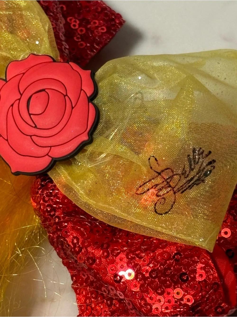 Disney Princess Belle Red Sequin Bow Hair Clip with Yellow Ponytail